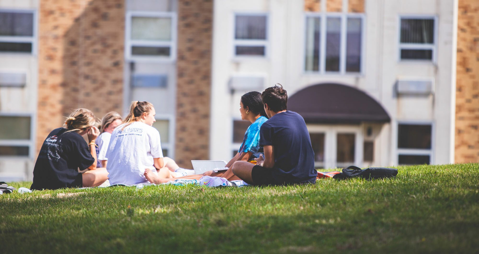 students sitting on lawn